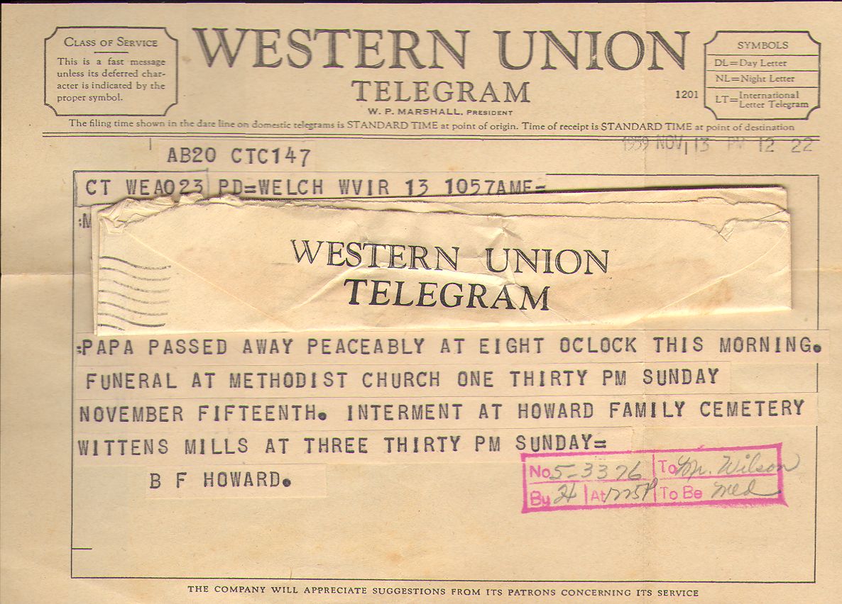 George W. Howard Telegram of death
